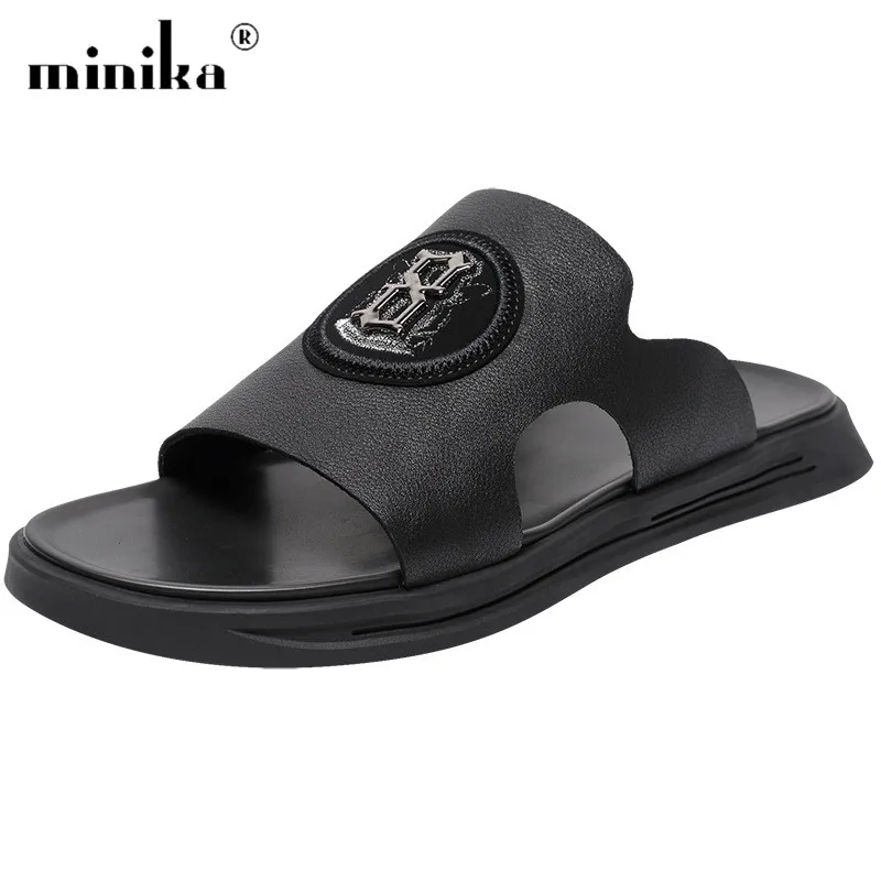 

MINIKA Fashion Genuine Leather Slippers Men Shoes Flat Non-slip Rubber Summer Slides Men Beach Slippers