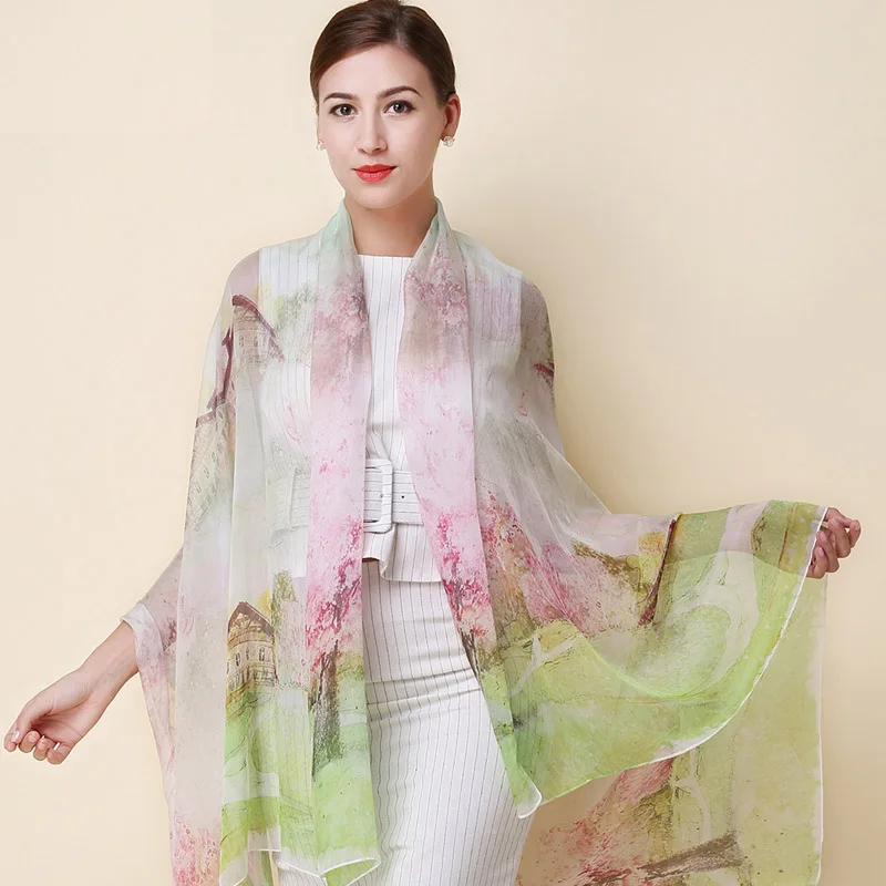 Натуральный шелковый шарф, шаль, хиджаб для женщин, длинный стиль, цифровая печать, классический цветочный дизайн, большой размер 175x108 см