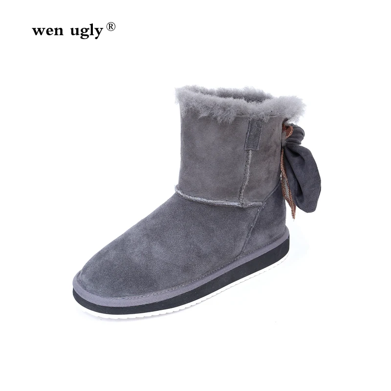 

wen ugly 2019 new leather women's winter boots round head flat snow boots bow casual sheep fur one warm warm cold fashion shoes