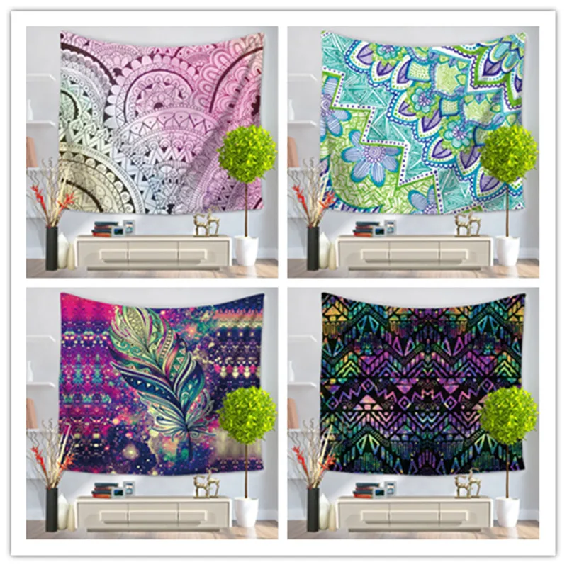 

Home Decorative Wall Hanging Carpet Tapestry 130x150cm Rectangle Bedspread Color Painting Geometric feather Pattern