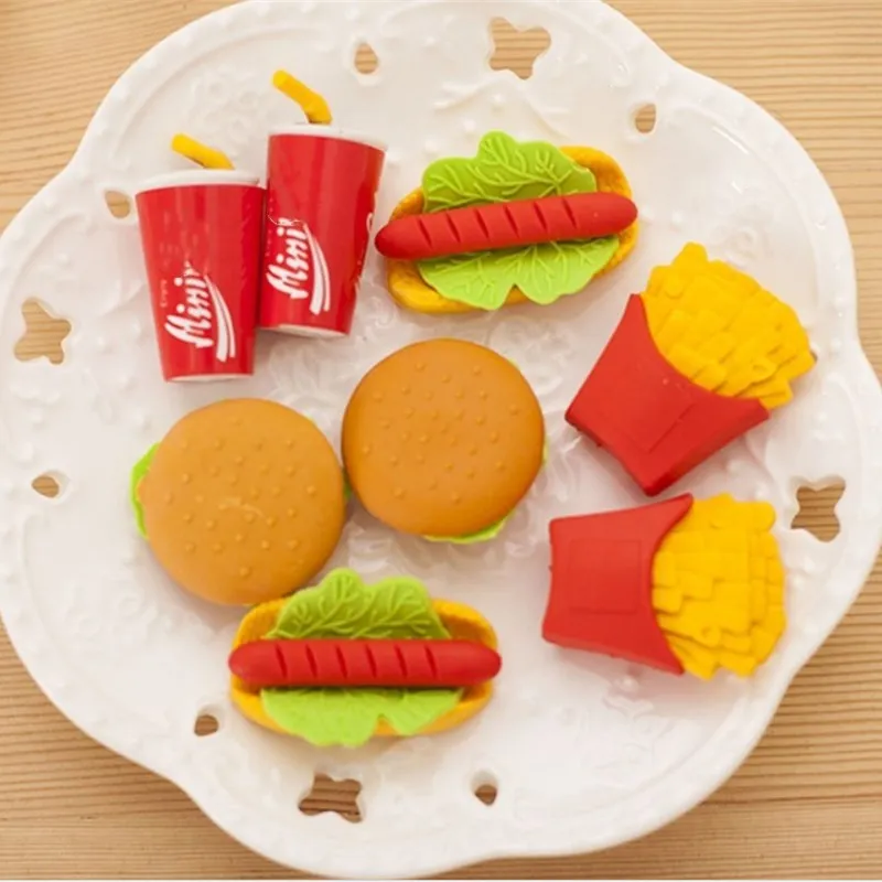 

New 1Pc Cake Hamburger Food Drink Rubber Eraser Stationery School Office Erase Supplies Fruit Kids Gift