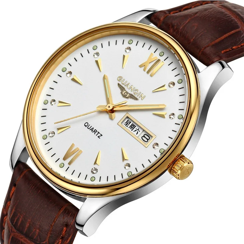 

GUANQIN Luxury business men watch top brand luxury quartz watch men with leather band week and calendar luminous erkek kol saati