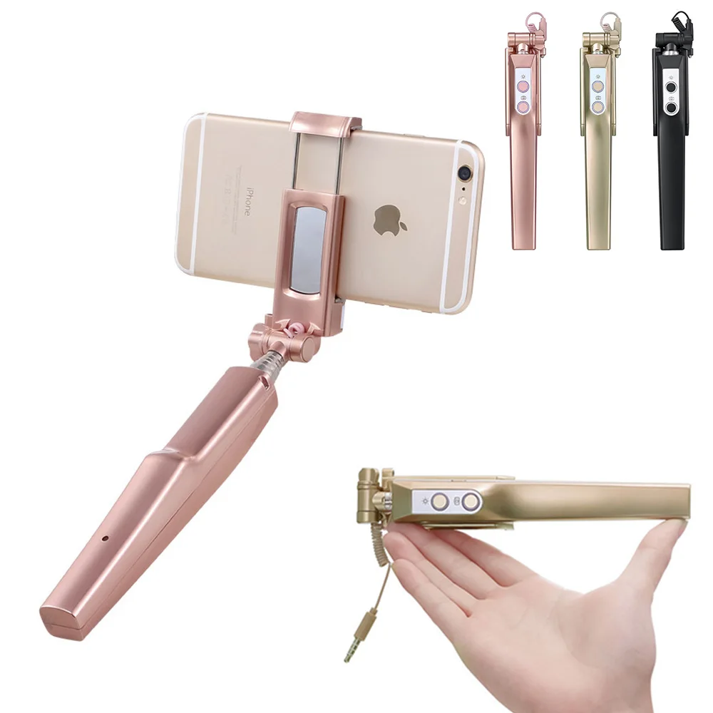 Mini kapesní monopod s LED výplní pro iPhone 6 6s 7 Rozšiřitelné kabelové Selfie Stick pro Android Huawei Xiaomi Samsung
