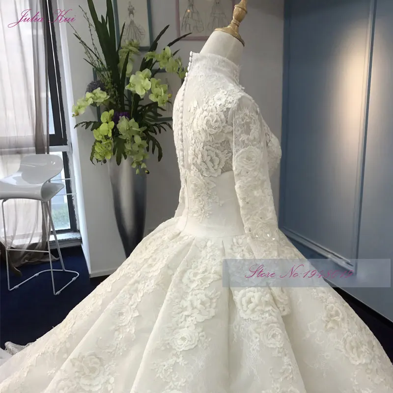 Julia Kui настоящая фотография, винтажное кружевное бальное платье с вышивкой, свадебное платье, Аппликация из бисера, высокий воротник, свадебное платье, Vestido De Novia