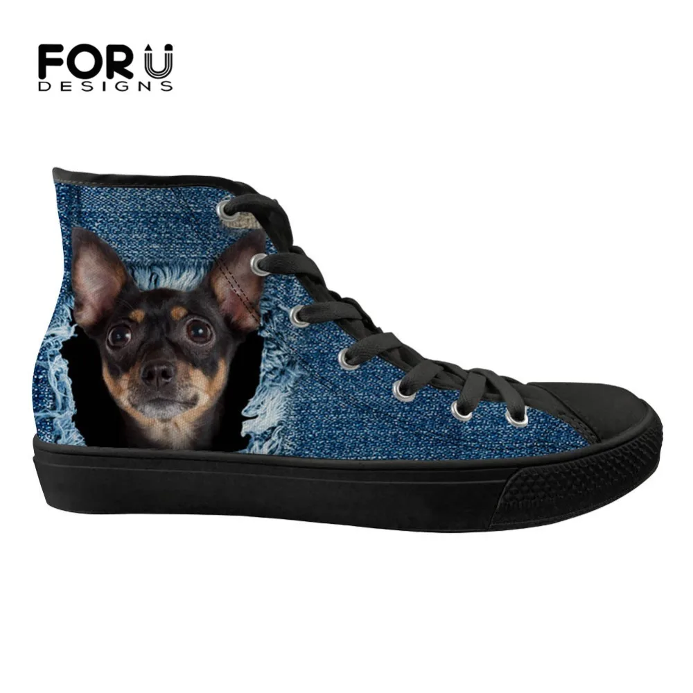 

FORUDESIGNS Jeans Style Women Shoes Cute Denim Animal Chihuahua 3D Print Women's High Top Sneakers Casual Flats Spring Zapatos