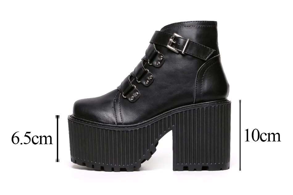 Gdgydh Leather Round Toe High Heel Boots Women Shoes Buckle Rubber Sole Black Platform Shoes Autumn Ankle Boots Punk Shoes Cool