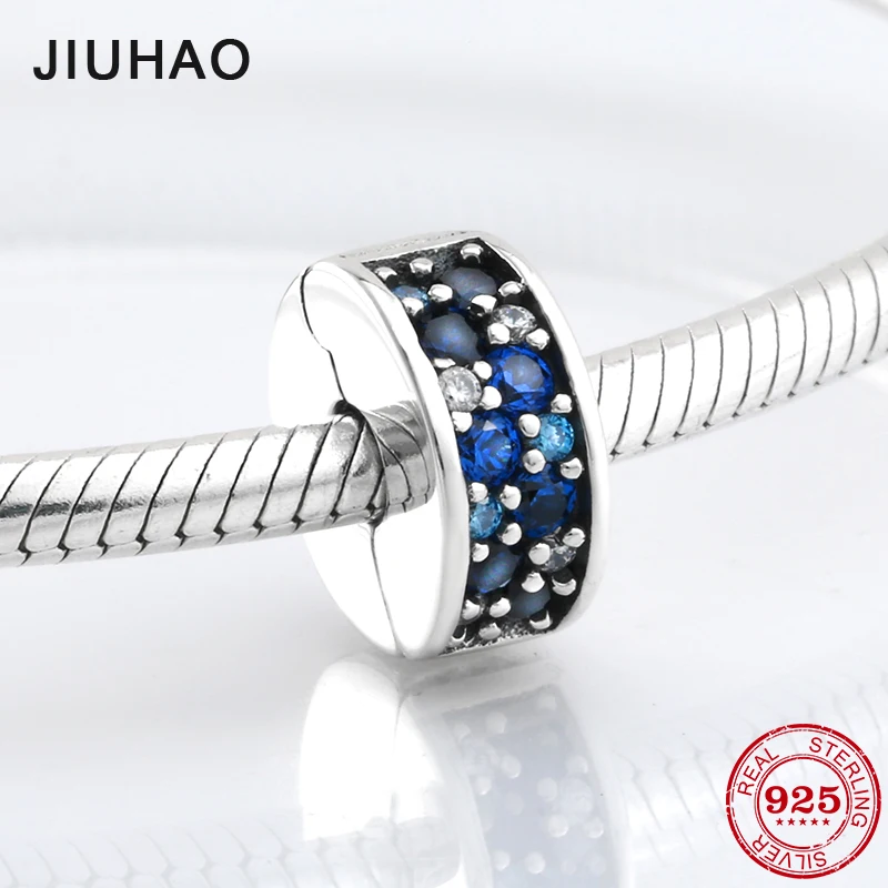 

925 Sterling Silver Fashion sparkling round shape blue CZ clips Lock beads Fit Original Pandora Charm Bracelet Jewelry making