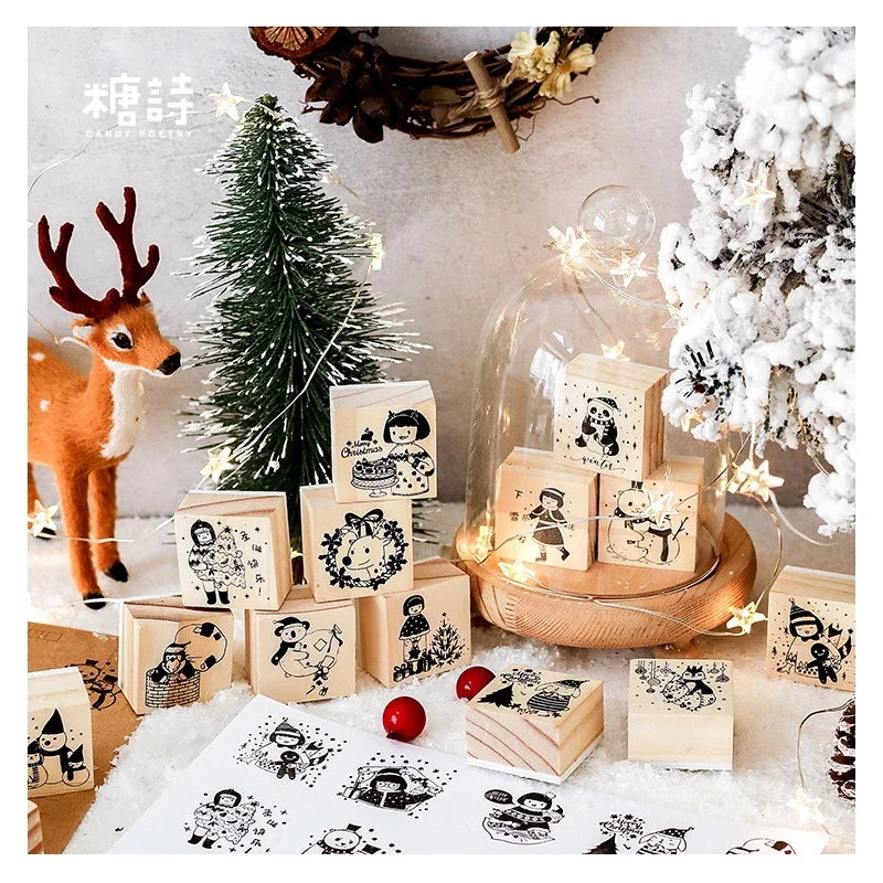 

4Pcs/Set Colorful Christmas Eve Santa Claus Wooden Rubber Stamp DIY Scrapbooking Craft Seal Stamp Kawaii Stationery