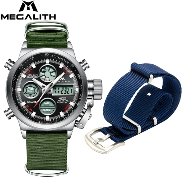 

MEGALITH Sports LED Digital Watches Set Men Army Green Nylon Strap Men's Watch Waterproof Chronograph Alarm Watch Men Erkek Saat