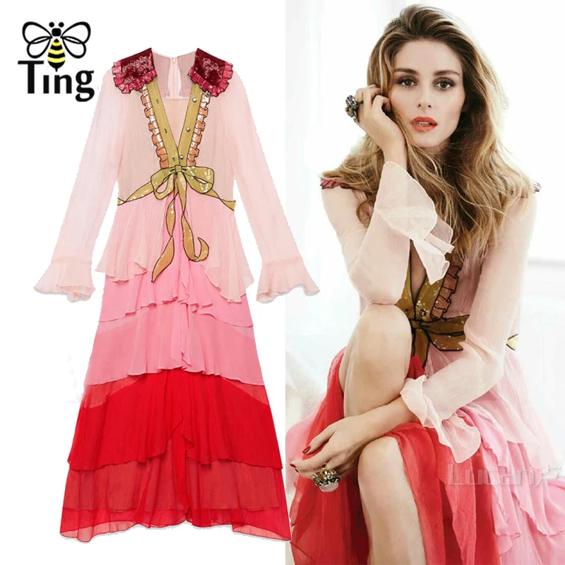 

Tingfly Runway Summer Luxury Dress Woman Sexy Deep V Neck Ruffles Color Block Sequined Bow Vestidos Magazine Designer Dress