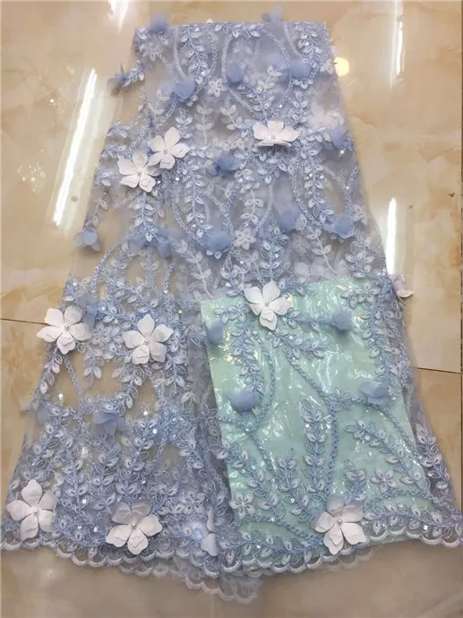 

5Yards blue african lace fabric with 3D embroidery flower Fashion Beaded french Bridal tulle lace fabric(FJ-9-18
