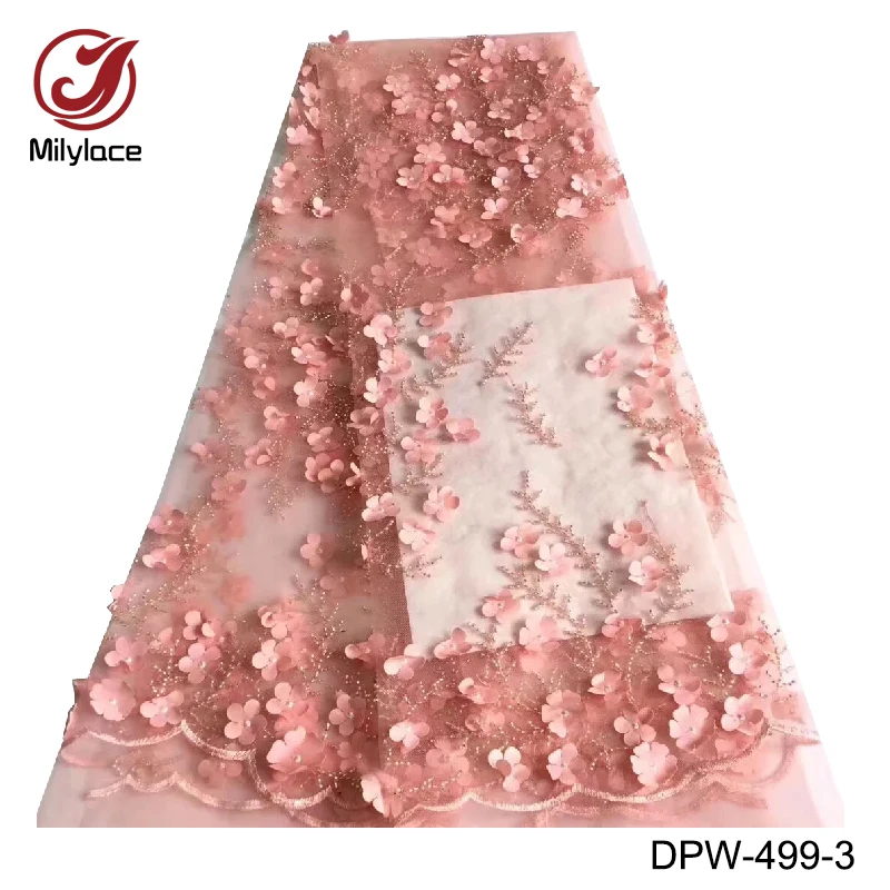 

Newest arrival 3d flowers party/wedding dress lace peach french lace fabric floral india mesh lace for 5 yards DPW-499