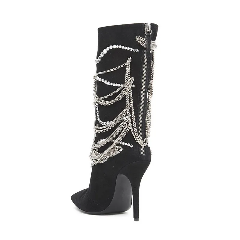 12cm De Botas Venta 10cm Mediados Negro 2019 Alto Bota Heel Heel becerro Las Zapatos Dedo Pie De Otoño Caliente Mujeres Mujer Del Femenina Tacón Decoración Botines Cadena OrO7g4