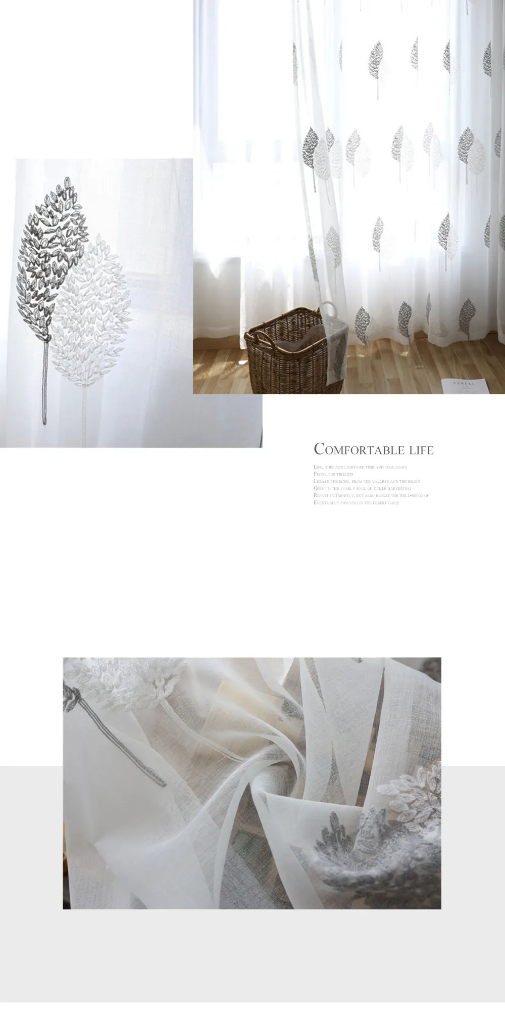 LOZUJOJU Door Curtains Embroidery Leaves Style Sheer Drops for Bedroom Gate Elegant Modern Design Thread Fabric Rod Pocket Short (2)