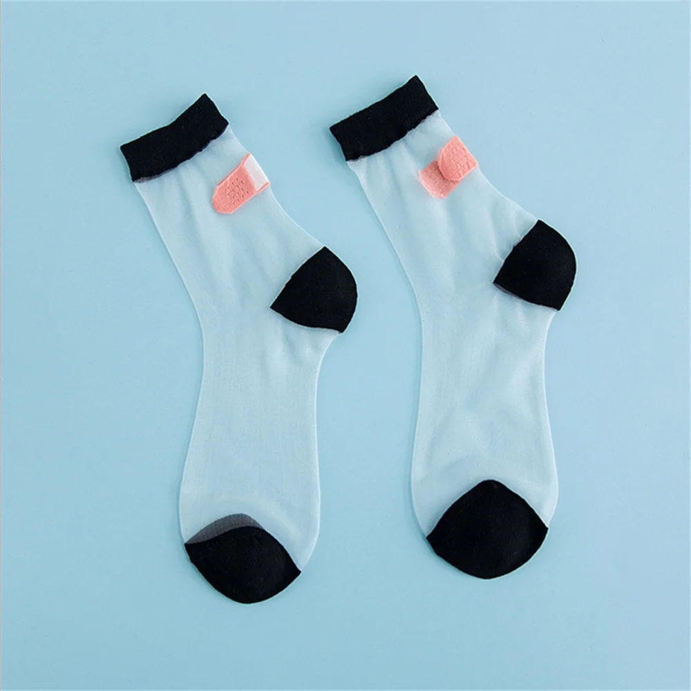 Unique Summer Women Transparent Socks Harajuku Stretch Band Aid OK Crystal Sock Lace Silk Art Short Socks Five Colors