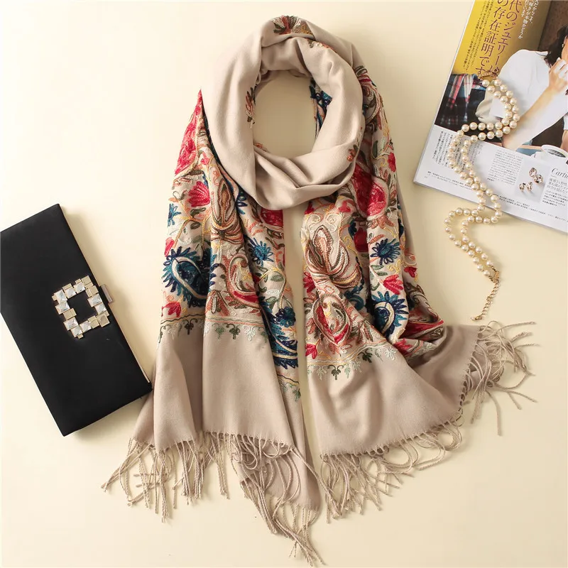 New Luxury Brand Women Scarf High Quality Embroidery Winter Cashmere Scarves Lady Shawls and Wraps Female Pashmina Echarpe - Цвет: yaoguo khaki