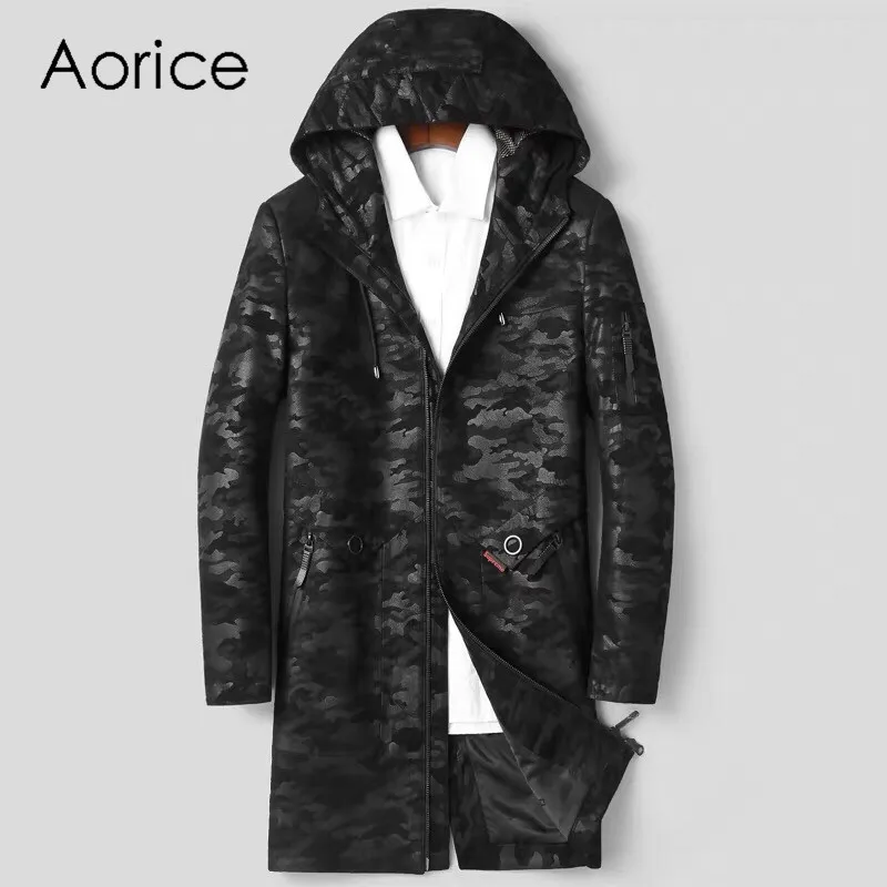 

Aorice MT906 2020 new fashion men's sheepskin genuine leather coat Camouflage long hooded leather jacket winter warm outwear