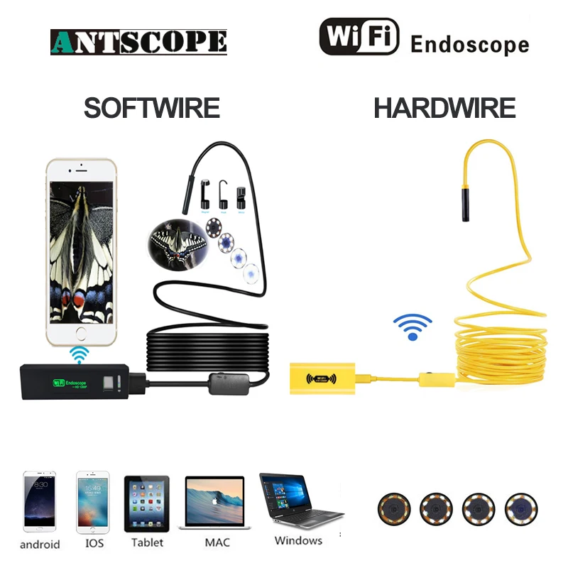 

Antscope 8mm 1200P Wifi Endoscope 2/3.5/5/10M Yellow Hard Tube Android iOS Black Softwire Mini Camera Inspection Boroscopio 19