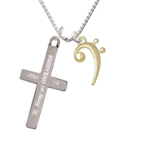 Bass Gold Tone Clef - Strong and Courageous - Cross Necklace (1)