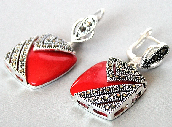

charm lady's 925 Silver Hook Red Coral Marcasite Square Earrings 1
