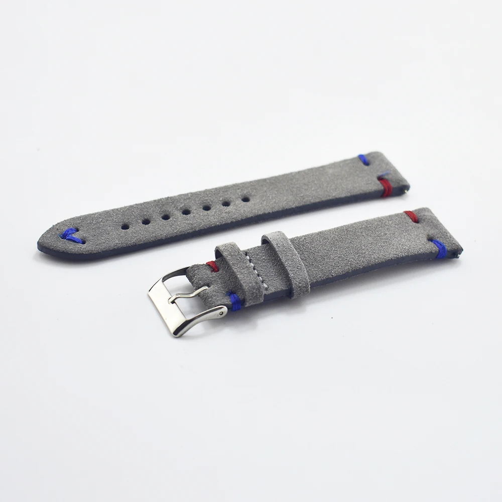 Handmade Leather Comfort Gray Suede Strap 18mm/20mm/22mm Stainless Steel Buckle High Quality Red Blue Line 2018 new