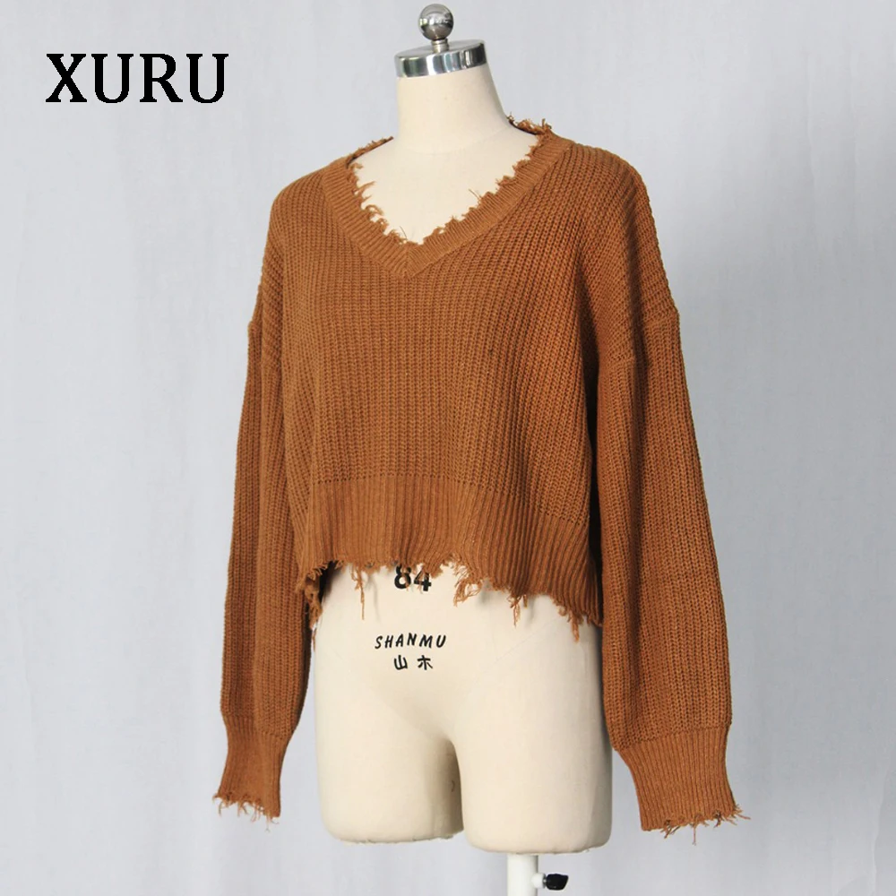 XURU new hot-selling sweater women's front and back two wearing solid color hand-knitted pullover sweater low-cut irregular 