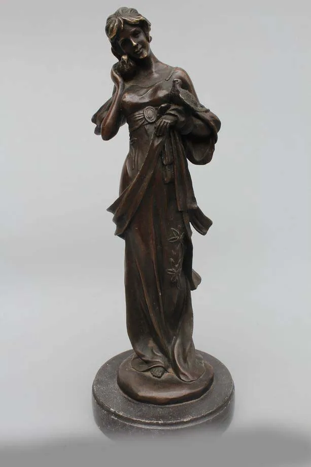 

14"Western Art sculpture Bronze Marble Belle Girl Play parrot sculpture Statue