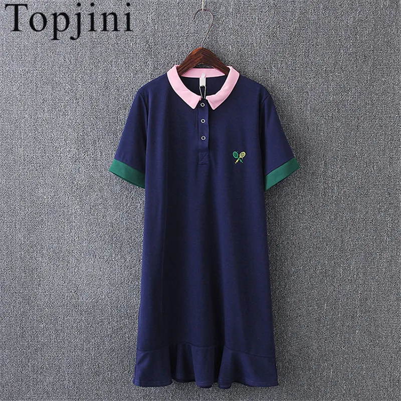 Summer Casual Preppy Style Straight Short Sleeve Cotton Embroidery Women Dresses Knee-Length Patchwork Peter Pan Collar Dress