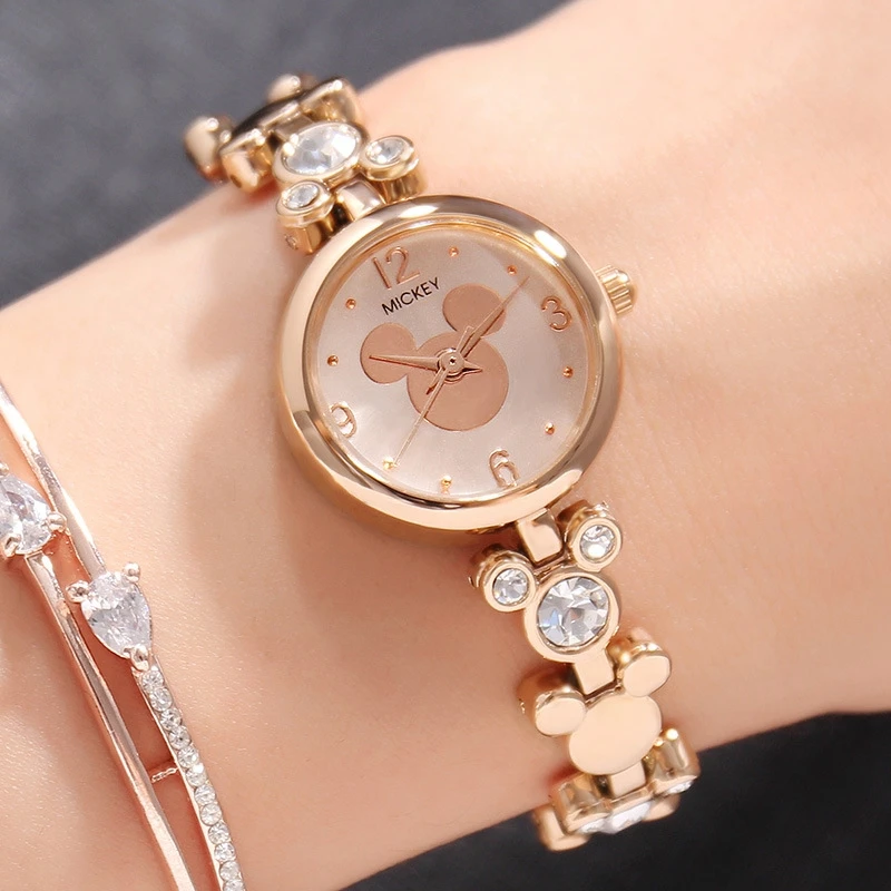 Women Bracelet Gold Silver Stainless Steel Fashion Simple Quartz Watch Genuine Disney Mickey Element Style Cute Girls Clock New