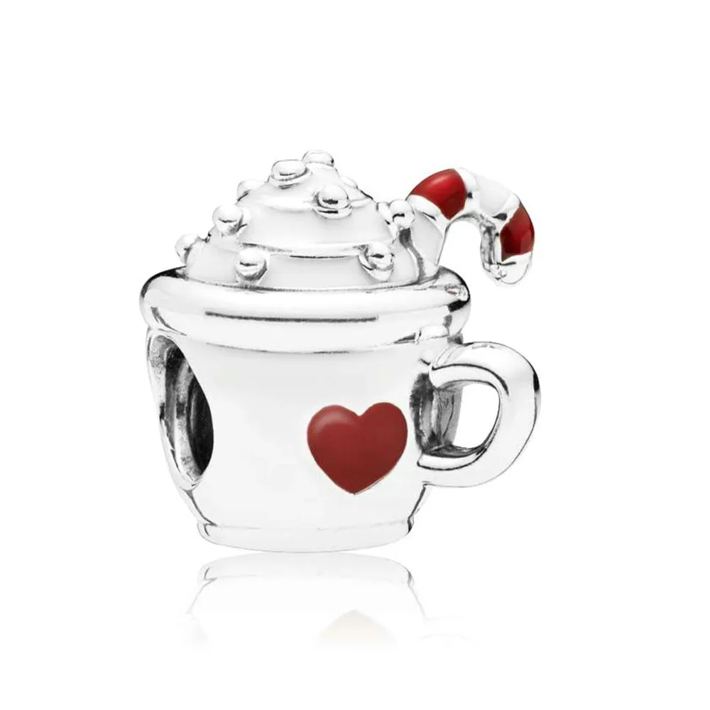 

925 Sterling Silver Bead Warm Cocoa Charm, White & Red Enamel Fit European Pandora Bracelet & Necklace Diy Jewelry