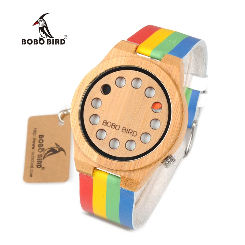 BOBO BIRD Bamboo Men Women Watch Colorful Leather Band 12 Holes Dial Face Classic Wood Watches for Men Women Accept Logo W-A01