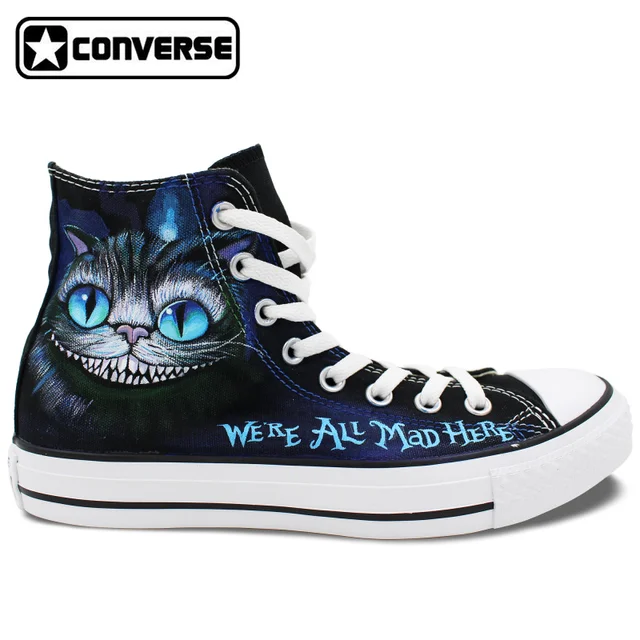 Cheap Hand Painted Shoes Men Women Converse All Star We're All Mad Here Cheshire Cat Alice in Wonderland Design High Top Sneakers