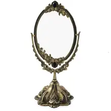 IMPEU Vintage doble cara Retro Bronce Aleación Metal mesa maquillaje vestidor escritorio espejo decorativo en relieve marco herramienta de maquillaje