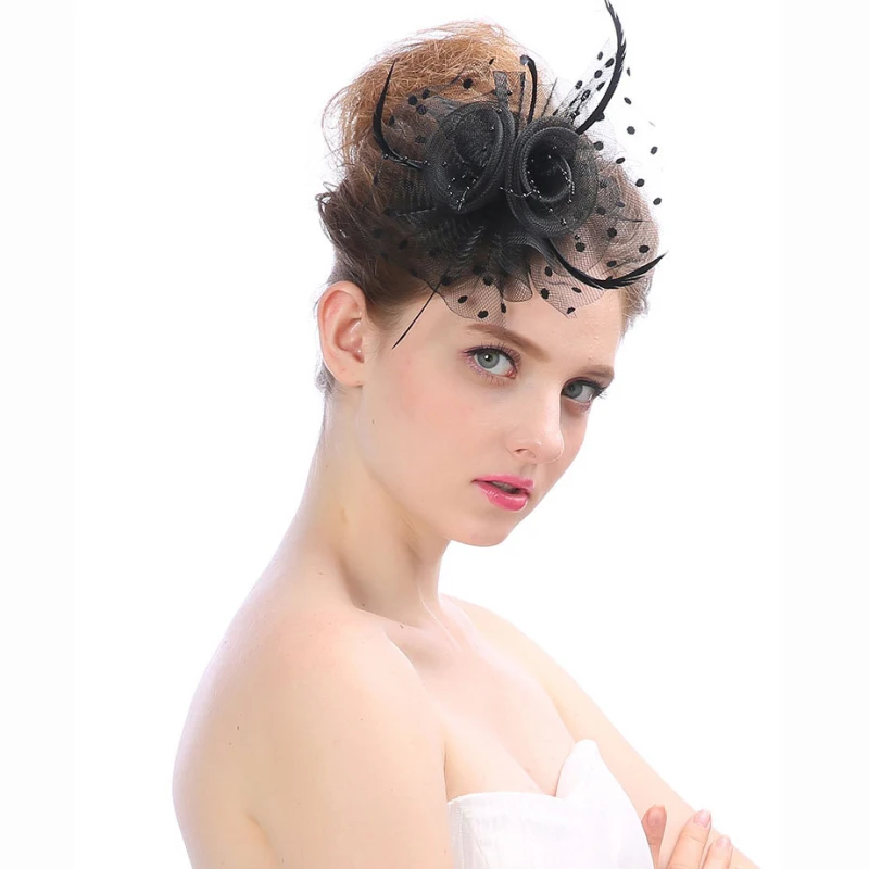 

HT1785 Elegant Fascinator Women Mesh Flower Feather Fedoras Ladies Hair Clip Hat Female Wedding Party Hat Headband Fedora Hats