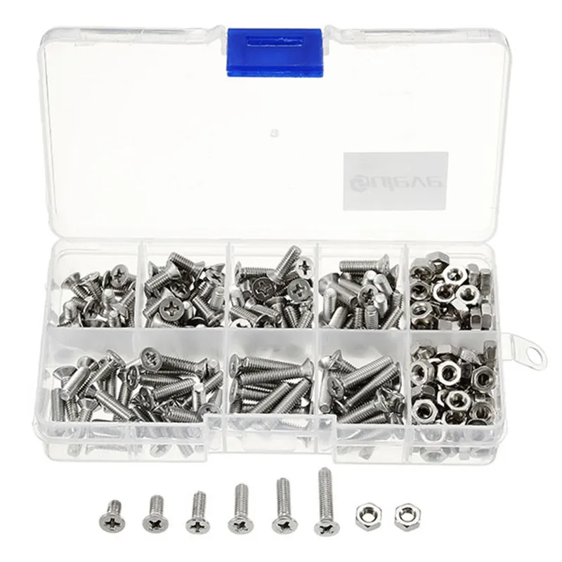 

250Pcs/Set M4SP2 M4 Stainless Steel Phillips Flat Head Screws Bolts Nuts Assortment Kit with Box Fastener Hardware