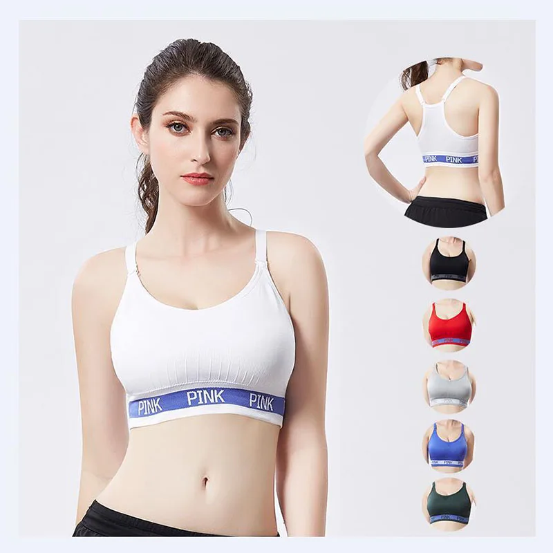 PINK English Alphabet Fitness Woman Tops Push Up Sports Bra Padded Yoga