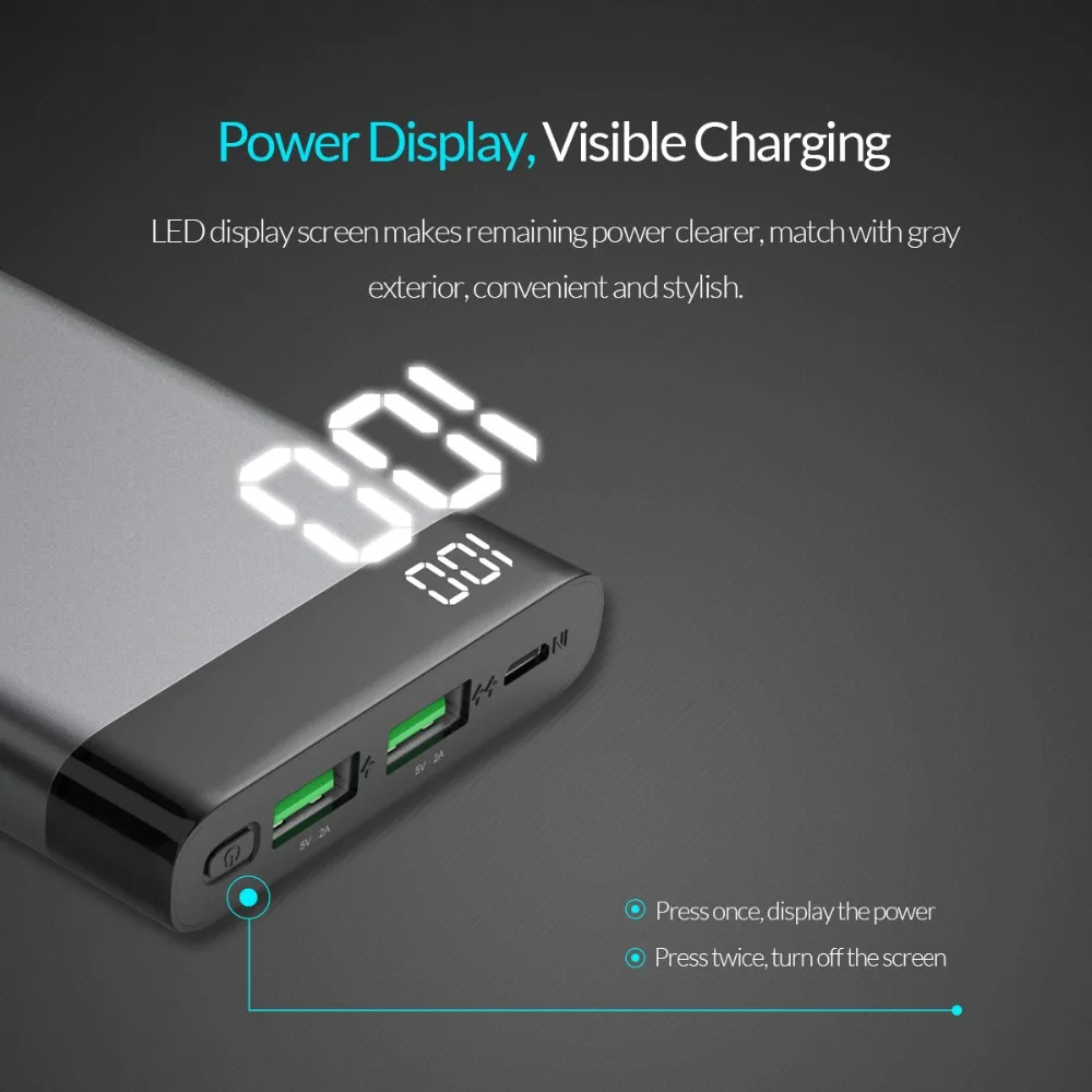 ORICO 10000mAh Power Bank with Display Screen 5V 2A External Battery Charger for Samsung Xiaomi Huawei Phones Tablets