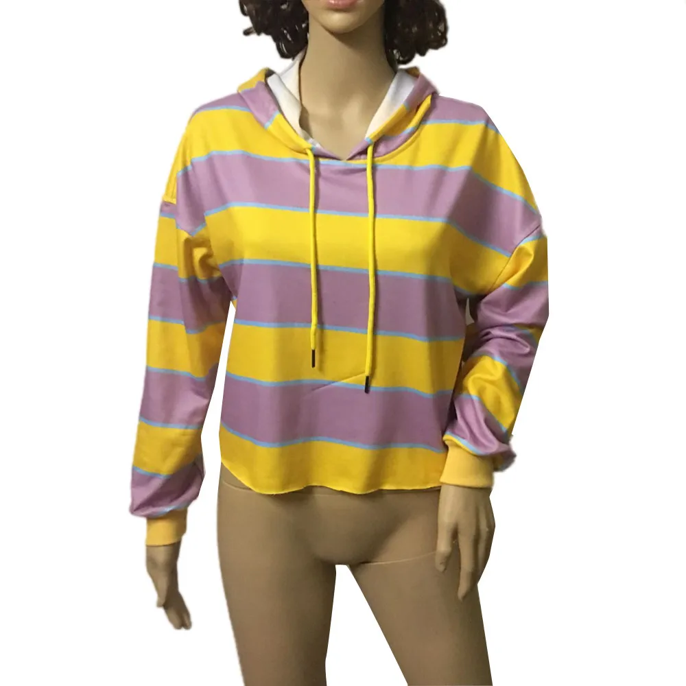 Женская Полосатая толстовка с капюшоном с длинными рукавами, джемпер, свитер, укороченный топ, пальто, спортивный пуловер, полосатые спортивные рубашки для йоги, Mujer