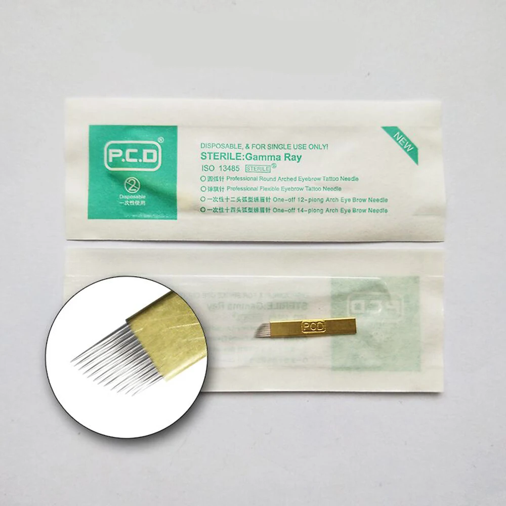 100 шт. резец сверхтвердый PCD наклон U 12/14/19 pin Перманентный макияж татуаж бровей лезвия мануального татуажа бровей, иглы для 3D вышивка ручка для мануального тату
