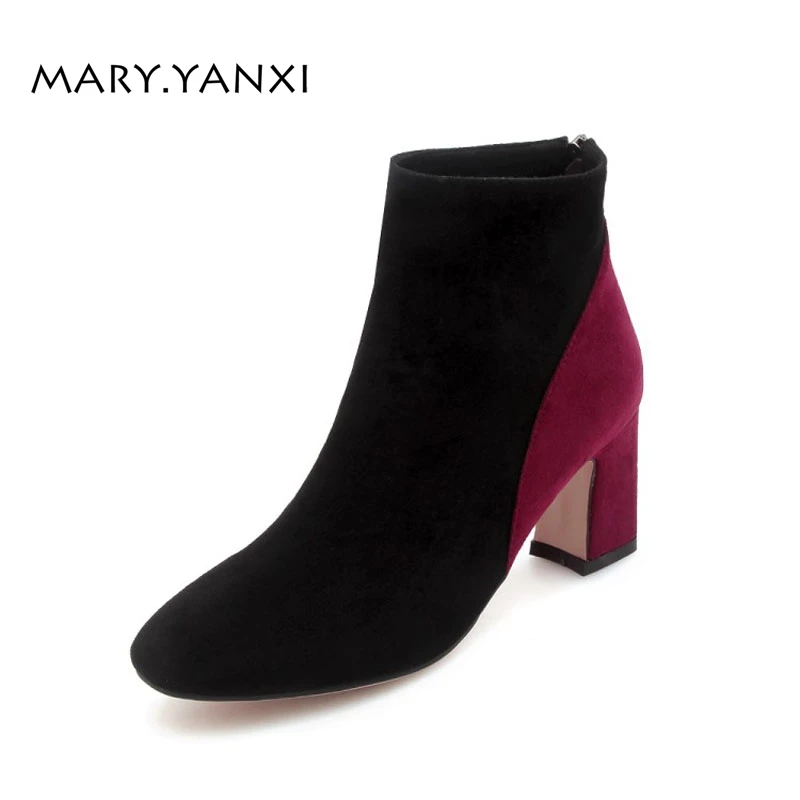 

Winter Women Shoes Ankle Chelsea Boots Flock Nubuck Square Heels Fashion Square Toe Zipper Short Plush Mixed Color Plus Size