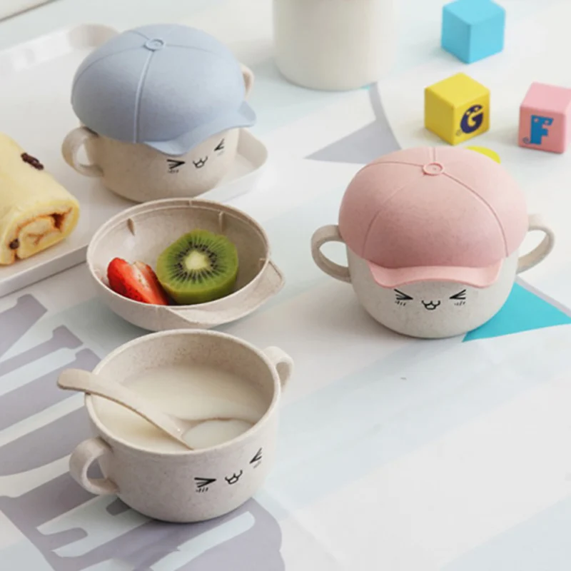 2pcs Baby Wheat Straw Bowl Cartoon Children Food Tableware Set Bamboo Eco-friendly Kids Dinner Plate Spoon Training Bowl BB5143 (1)