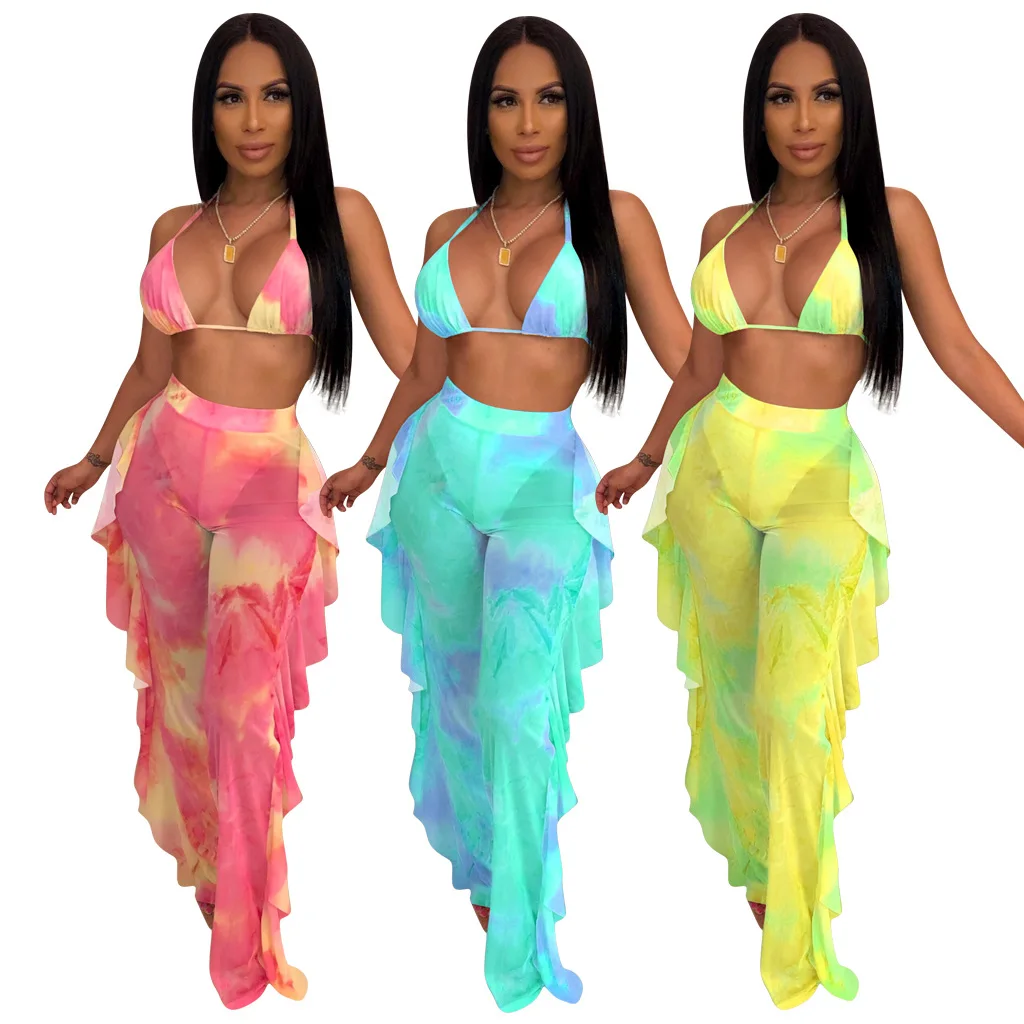 

2019 new women tie dye galaxy print mesh see though halter bra top ruffles side splicing pants suit two piece set tracksuit 3771