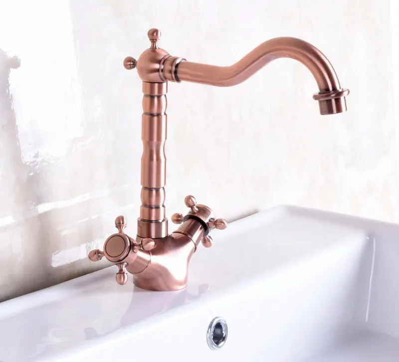 Antique Red Copper Brass Dual Cross Handles Bathroom Kitchen Basin Sink Faucet Mixer Tap Swivel Spout Deck Mounted mnf255