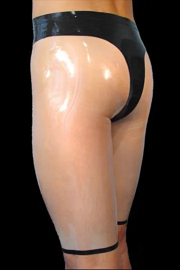 Sexy-Latex-Mens-Exotic-Pants-Short-Latex-Rubber-Tight-Breeches-Transparent-With-Black-1