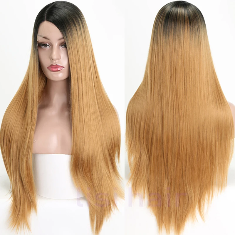 LISI HAIR Long Straight Synthetic Front Lace Wig For Black Women Hair 26 inches Black Golden Cyan Pink 4 Colour African America
