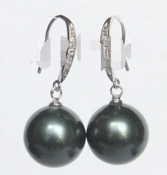 

FREE SHIPPING>>> free shipping 13376 Dangle 14mm round black south sea shell pearls Earrings 925 silver hook