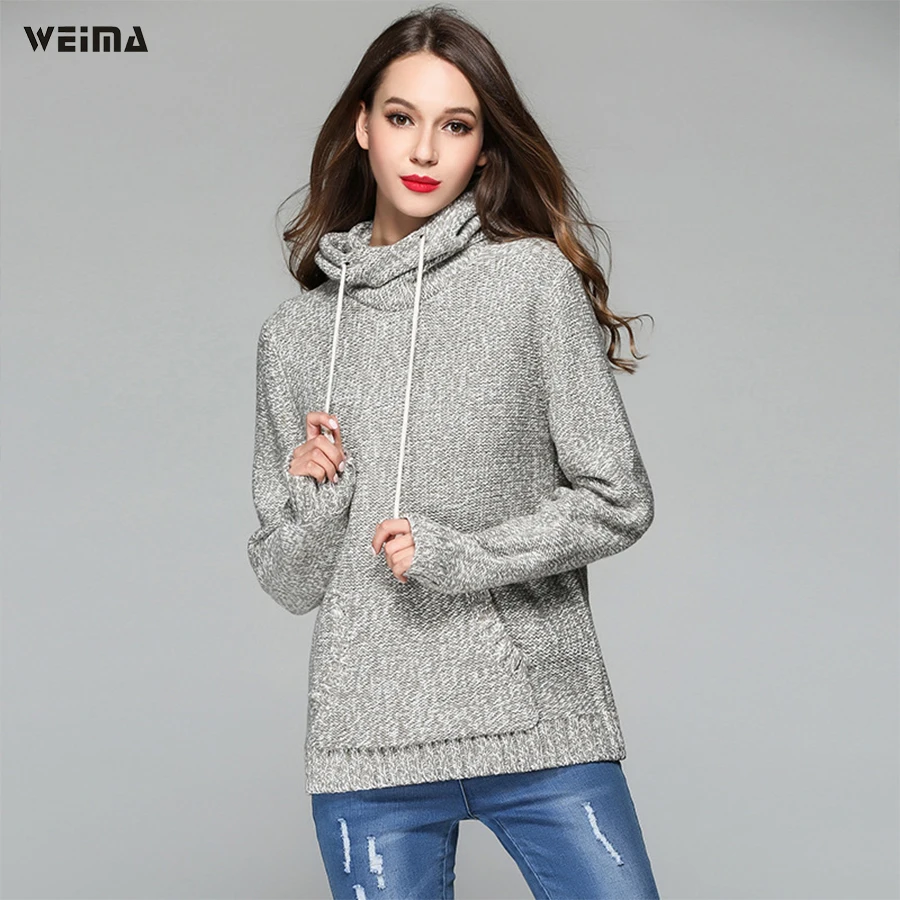 2017 women sweater jackets fashion knitted coat long sleeves turtleneck hooded a warm pullovers 