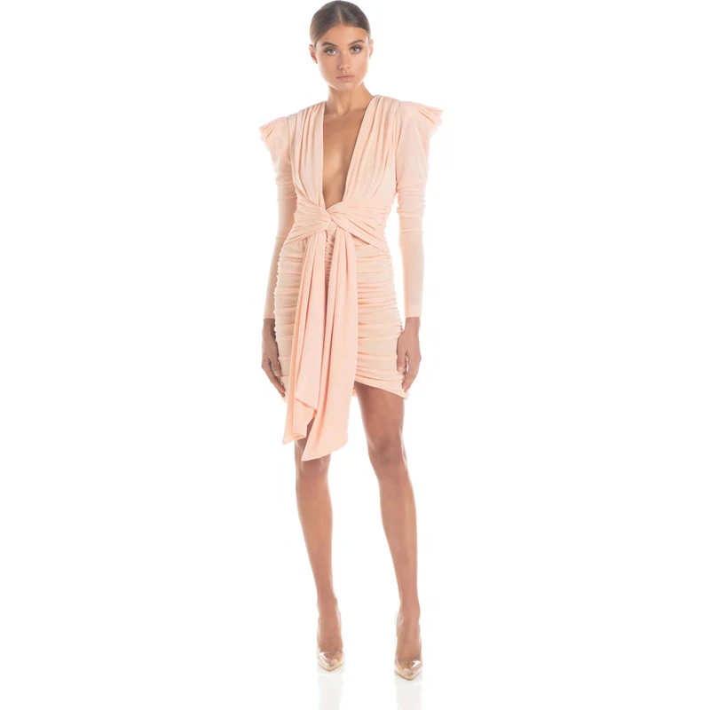 

2019 New Fashion Show Style Collection Long Sleeve Chic Deep V-neek Wholesale Vestidos Evening Party Dress Dropshipping