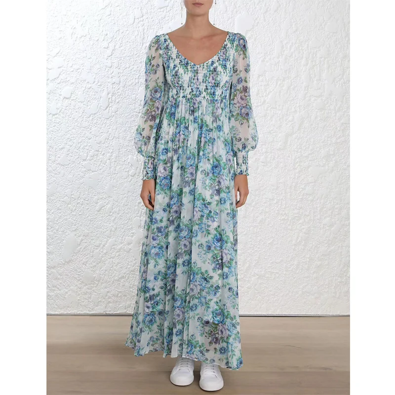 

floral Printed Women Dress 100% Silk Lantern Sleeve V-neck Pleated midi Dress