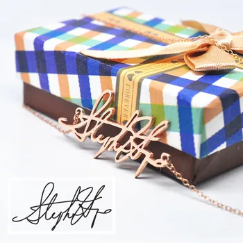 

Rose Gold Signature Necklace Personalized Nameplate Pendent Custom Handwriting Memorial Jewelry
